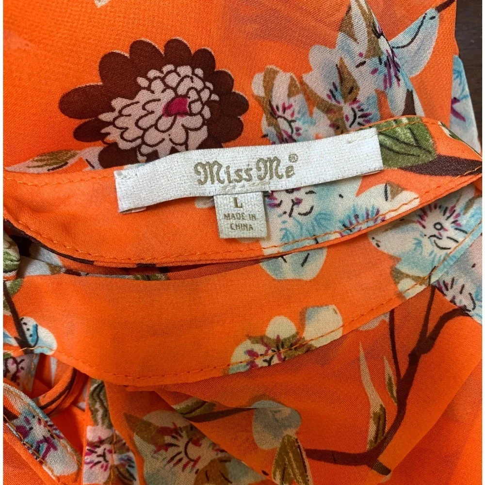Miss Me Orange Floral Choker Neck Open Back Crisscross Blouse MDT1017T L - Picture 7 of 14